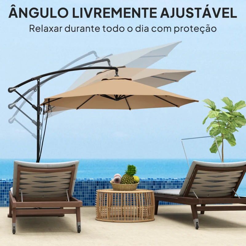 Outsunny Chapéu de Sol Excêntrico Ø 290 cm Chapéu de Sol de Jardim com Base Cruzada Capa de Proteção e Corda de Vento Cáqui