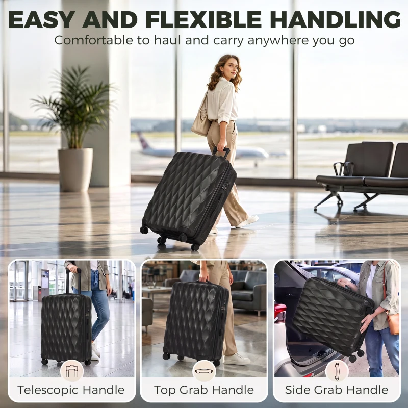 HOMCOM 77cm 98L Suitcase, Lightweight ABS Hard Shell Carry On Luggage with TSA Lock, Spinner Wheels, Telescopic Handle, Black