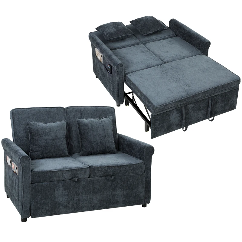 HOMCOM 2 Seater Sofa Bed 3-in-1 Convertible Chenille Pull Out Sleeper Sofa with 5-Position Adjustable Backrest, Dark Blue