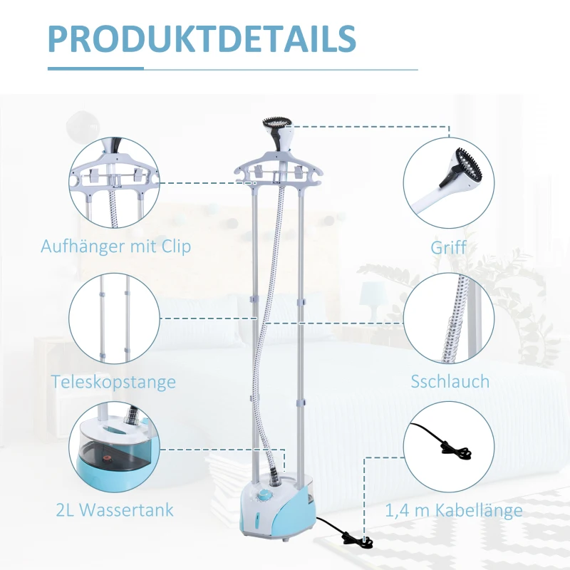 HOMCOM kledingstomer stoomborstel 1800 W stoomstrijkijzer verticaal stoomstation 2 l blauw