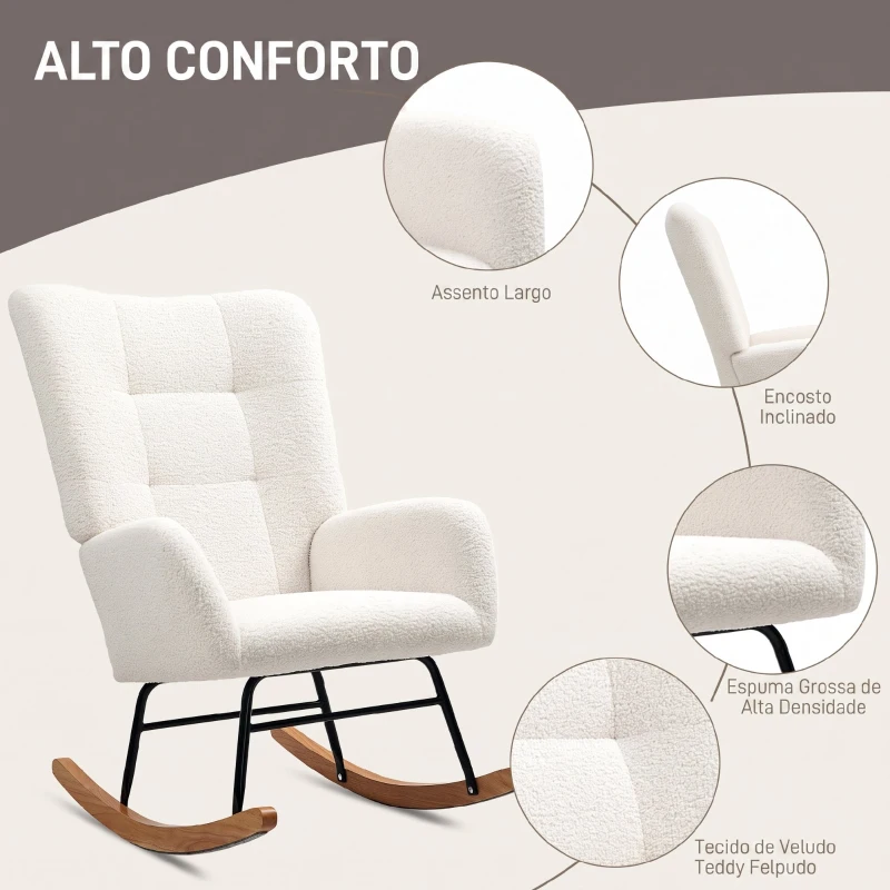 HOMCOM Cadeira de Baloiço em Tecido Teddy com Apoios de Braços, Acolchoado Espesso e Pés de Madeira, Creme