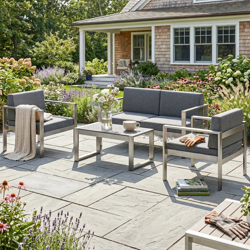 Outsunny 4 Seater Garden Furniture Set, Extra Wide Deep Garden Sofa Set with Olefin Cushions, Brushed Aluminium Frame, Dark Grey
