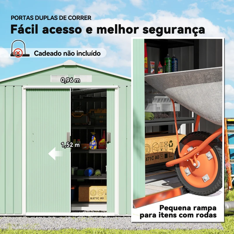 Outsunny Abrigo de Jardim 213x130x185cm Abrigo de Jardim Metálico de Exterior com 2 Portas Deslizantes e 4 Janelas Verde Claro