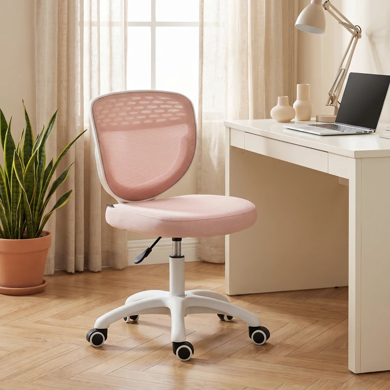 HOMCOM Office Chair, Armless Computer Desk Chair with Breathable Mesh, Adjustable Height, Swivel Wheels, Pink