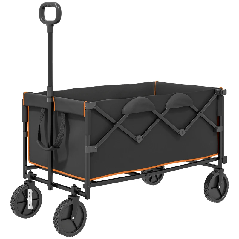 Outsunny 160L Festival Trolley on Wheels, Folding Camping Trolley Cart w/ Tailgate, 100kg Heavy Duty Garden Collapsible Folding Wagon w/Adjustable Handle, Carry Bag for Beach Picnic, Black and Orange