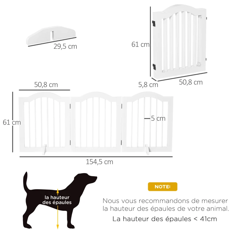 PawHut Barrière de sécurité chien barrière modulable pliable pour animaux de compagnie avec pied de support MDF bois massif 154,5 x 61 cm blanc