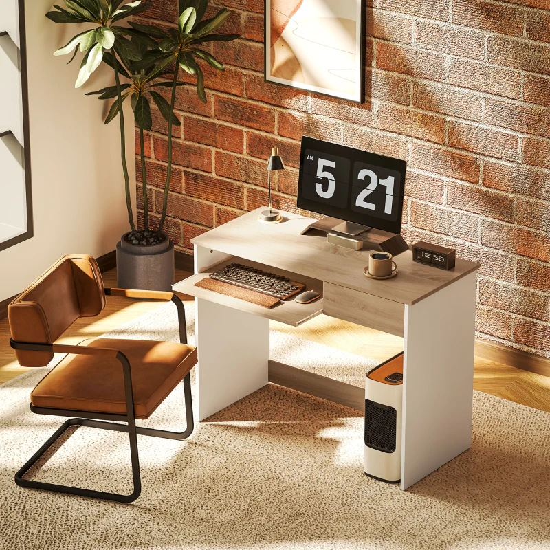 HOMCOM 100cm Compact Computer Desk with Keyboard Tray, Home Office Desk with Drawer for Bedroom Study, Oak