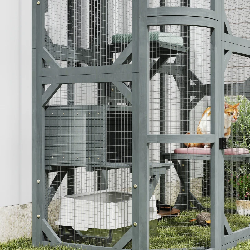 PawHut Catio Outdoor Cat Enclosure,  Wooden Cat House with Platforms, Condo and Waterproof Cover for 2–3 Kittens, Grey