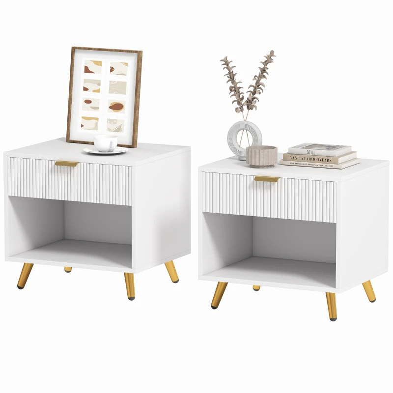 HOMCOM Bedside Tables Set of 2, Bedside Cabinets With Drawer and Open Compartment, Nightstands With Handle for Bedroom, Living Room, White