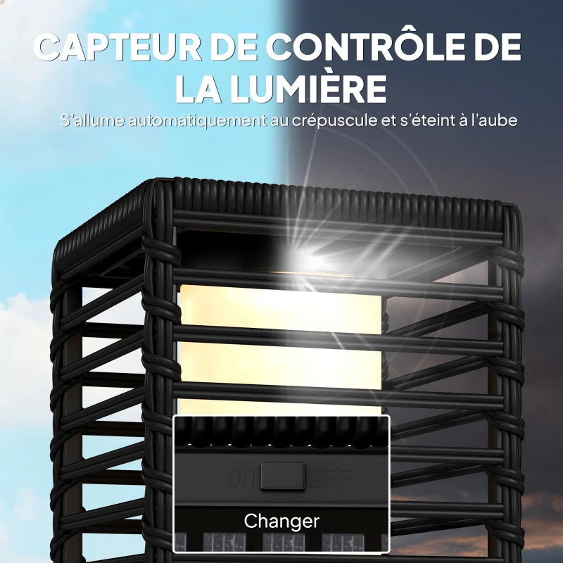Outsunny Lanterne Solaire Extérieure en résine tressée lampadaire sans fil rechargeable capteur de lumière 16 x 16 x 68 cm noir