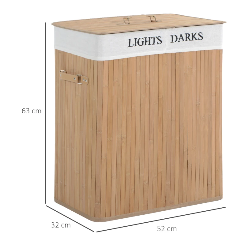 HOMCOM Cesta para Ropa Sucia de Bambú de Capacidad 100L con Tapa y Bolsa de Tela de 2 Compartimentos 52x32 x63 cm Bambú