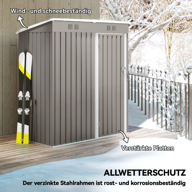 Outsunny Metall Gerätehaus 1,37 m², abschließbar Geräteschuppen mit Lüftung Pultdach Handschuhen, 163 x 90 x 179 cm