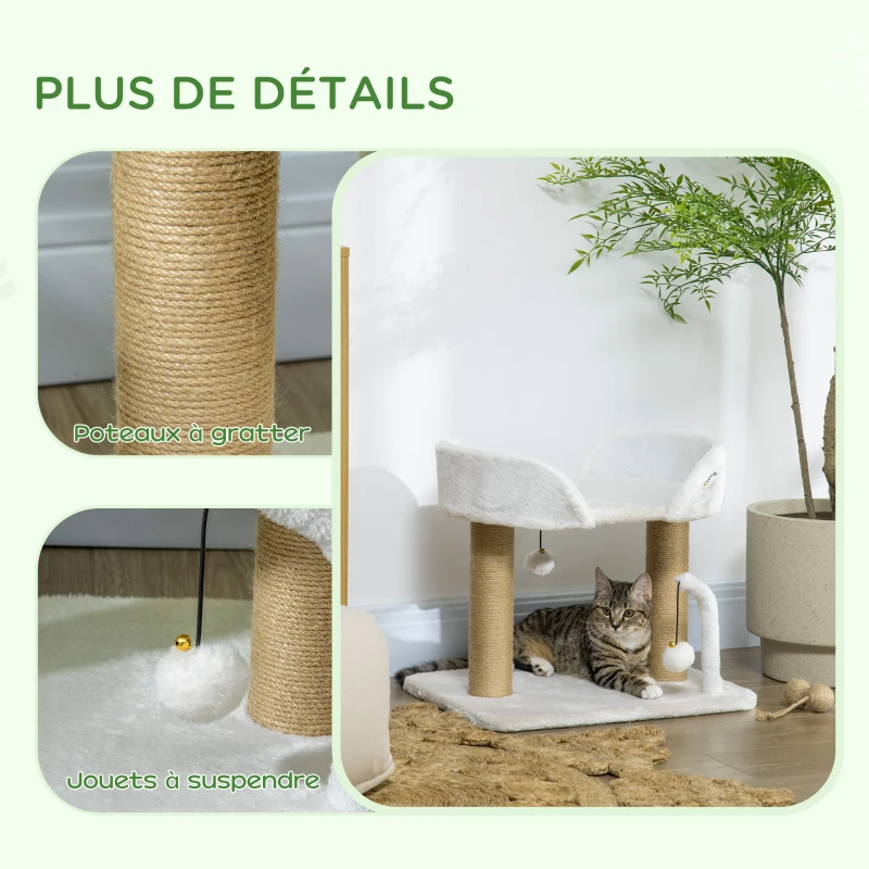 PawHut Arbre à chat grattoir design avec jeu 2 pompons suspendus 2 poteaux sisal plateforme peluche sisal 48 x 38 x 42 cm beige