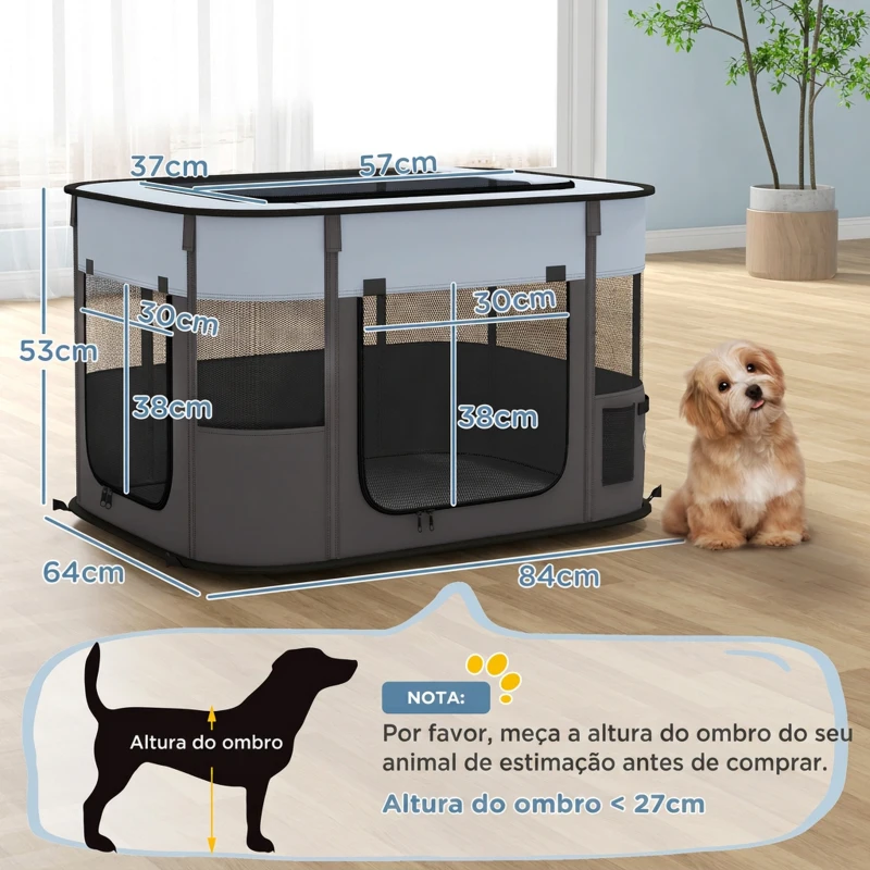 PawHut Parque para Cães e Gatos, Cercado Dobrável Portátil para Cachorros, Coelhos e Porquinhos-da-Índia em Tecido Oxford 84x64x53 cm Cinzento