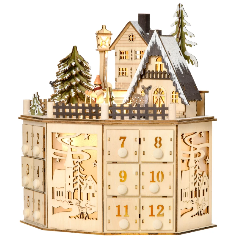 HOMCOM Calendario de Adviento de Navidad de Madera Reutilizable con Luces LED 24 Cajones Escena de Pueblo 25x20x29 cm Natural
