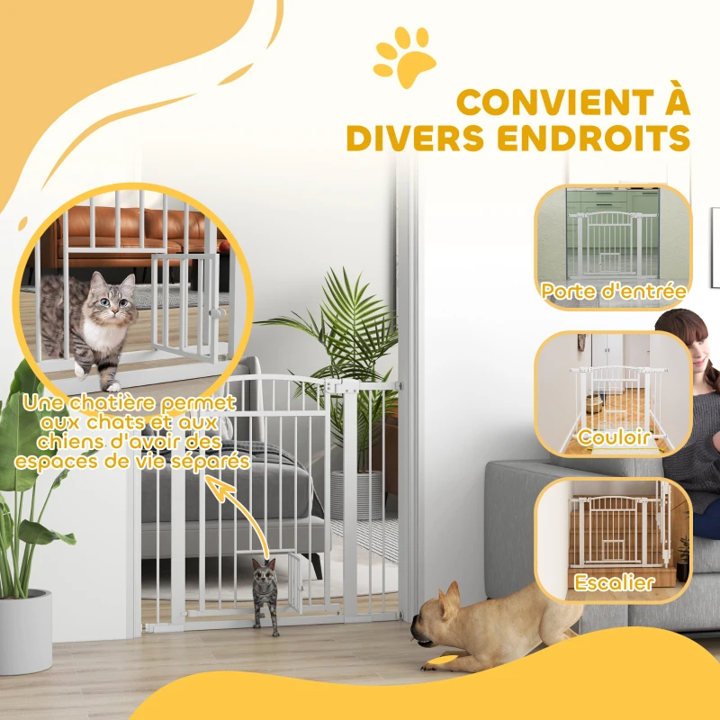 PawHut Barrière de sécurité chien système de double verrouillage montage par pression ou perçage largeur 76-104 cm blanc