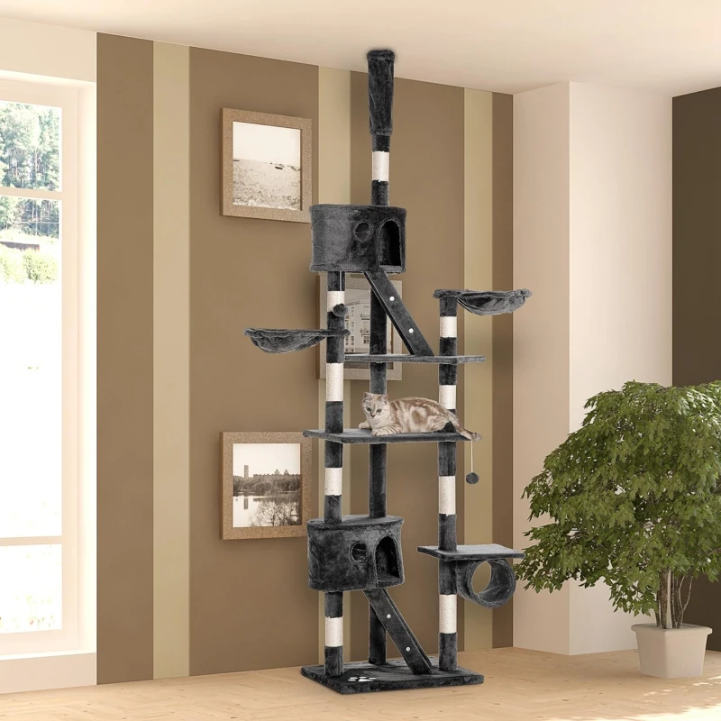 PawHut Kratzbaum deckenhoch Höhe 240-260 cm Katzenbaum mit Plüschbälle, Katzenhöhle, Hängematte, Sisalstämme, Plattformen mehrstöckiger Katzenkratzbaum Kletterbaum für große Katzen, Dunkelgrau