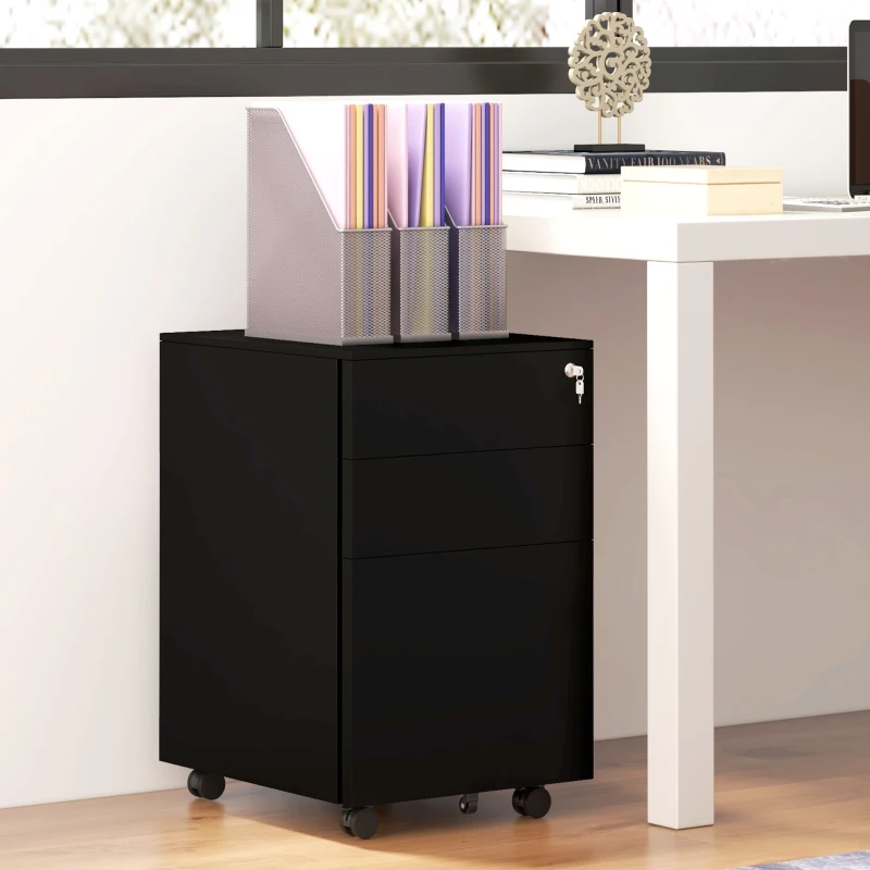 Vinsetto 3-Drawer Vertical Filing Cabinet with Pencil Tray, Lock and 5 Wheels, Steel Mobile File Cabinet, for A4, Legal and Letter Size, Pre-Assembled Body, Black