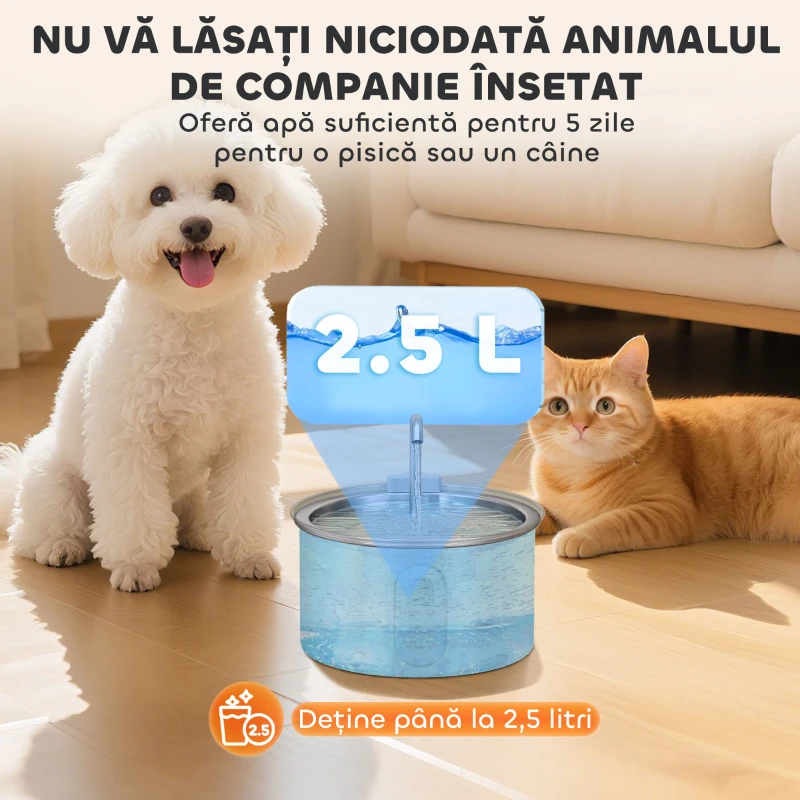 PawHut Fântână pentru Pisici de 2,5L cu Lumină LED și 2 Moduri de Flux, din Oțel Inoxidabil, 19,4x19,4x18,7 cm, Argintiu