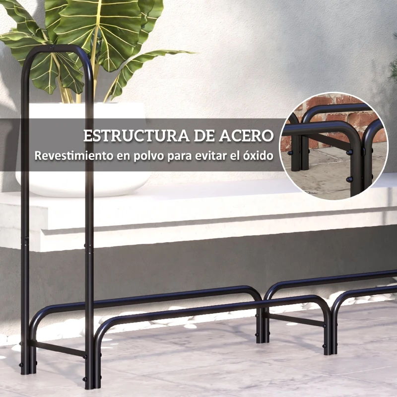 Outsunny Estante de Leña con Funda Oxford 600D de Metal Robusto Ajustable Carga 200 kg para Interior Exterior 180x36x99 cm Negro