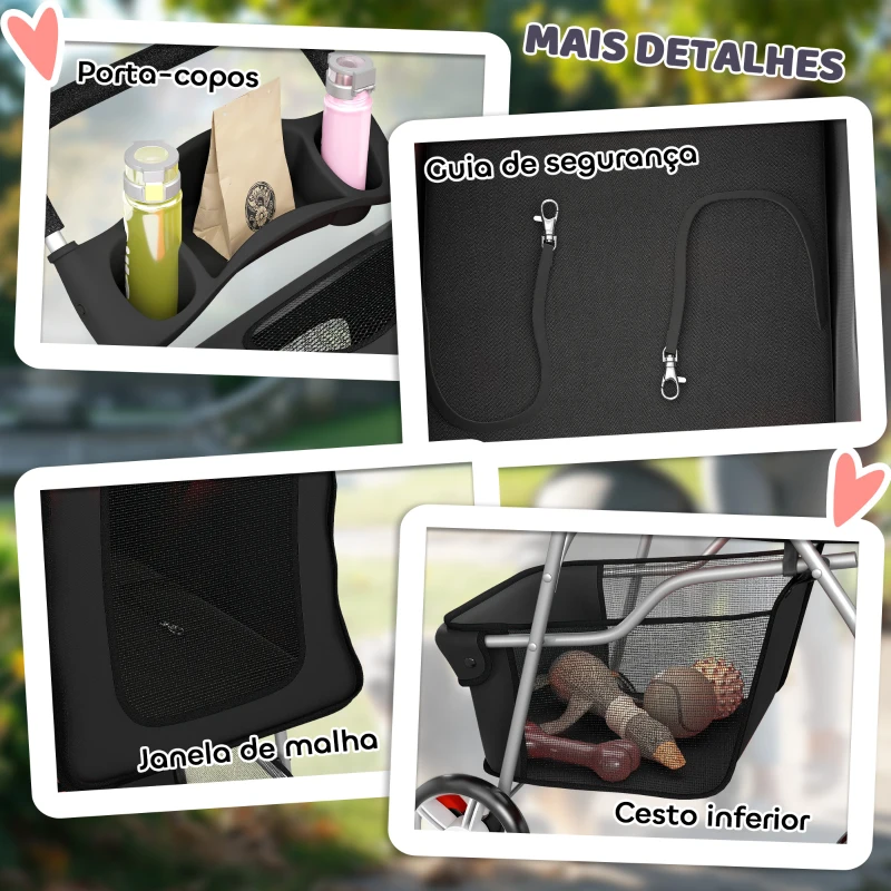 PawHut Carrinho Dobrável para Cães Pequenos com Cesta de Armazenamento Suportes para Copos Rodas e Almofada Lavável 77x44x102 cm Preto