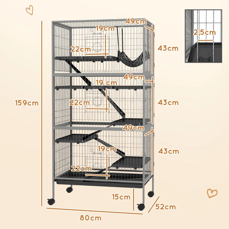 PawHut Gabbia per Conigli con 4 Ingressi a Livelli Multipli con Amaca, in Acciaio e PP, 80x52x159 cm