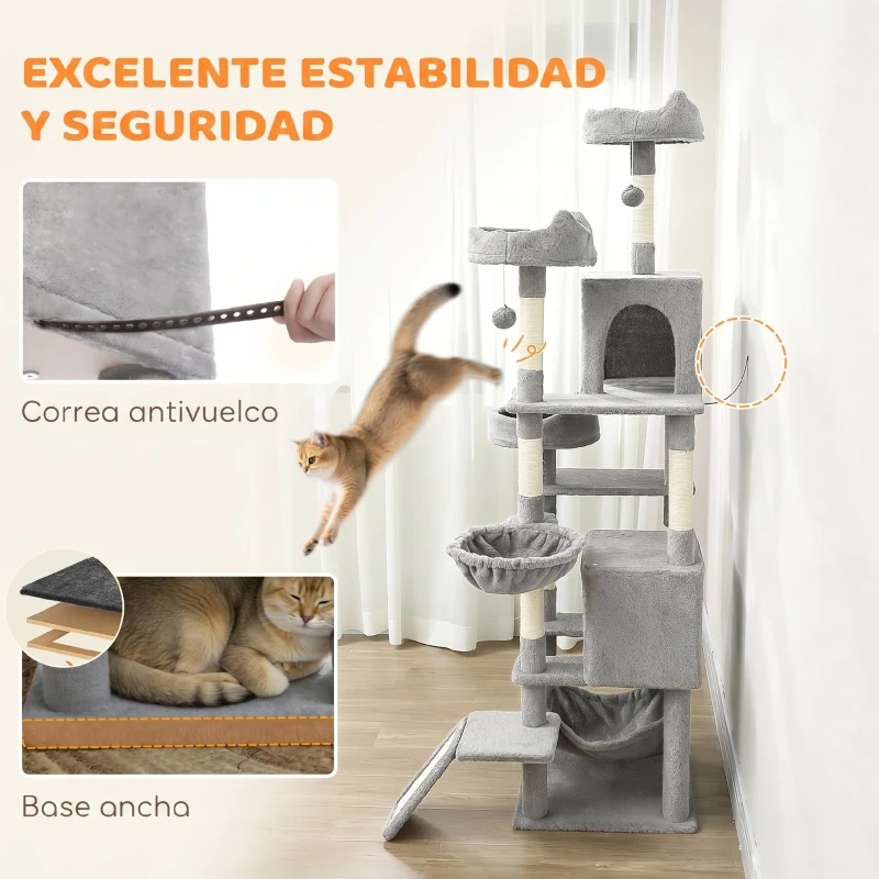 PawHut Árbol Rascador Grande para Gatos 192 cm con 3 Camas 2 Casitas 2 Hamacas Escalera Rascadora Postes de Sisal Gris Claro