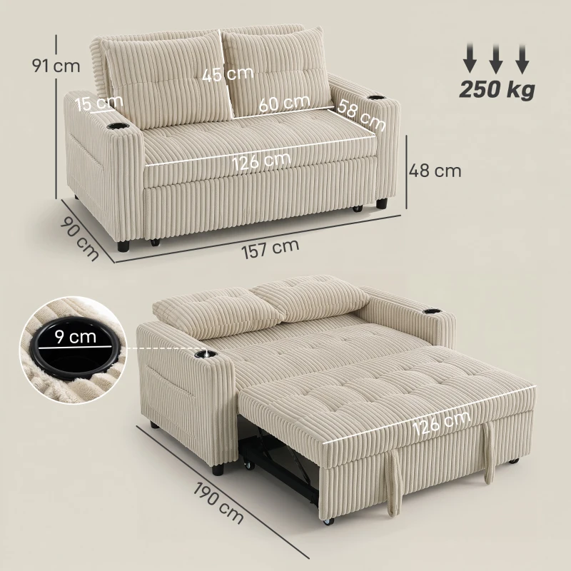 HOMCOM Corduroy Click Clack Sleeper Sofa with Pull Out Design, 2 Seater Sofa Bed, Cream White