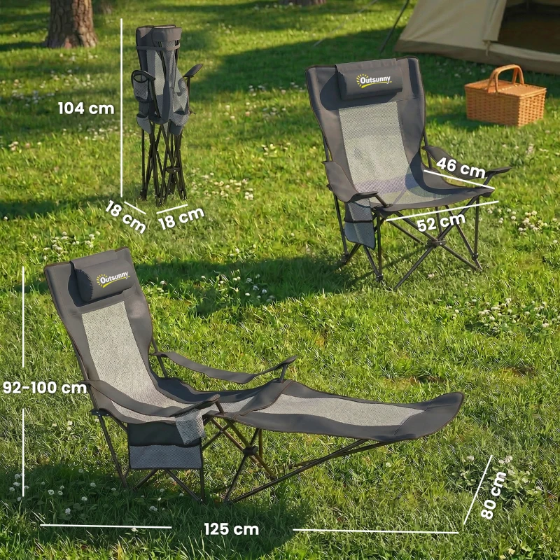 Outsunny 2er Set Campingstuhl faltbar Angelstuhl mit verstellbarer Rückenlehne Fußablage Getränkehalter Kopfstütze Dunkelgrau