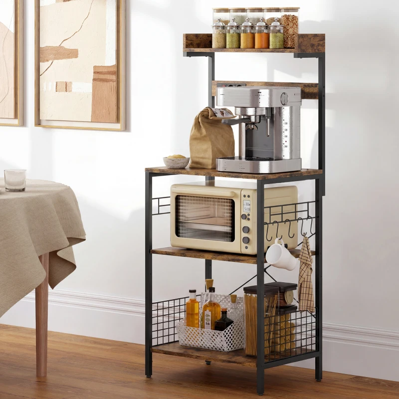 HOMCOM Estantería de Cocina con 2 Tomacorrientes Estante para Microondas Estante Ajustable Ganchos 60x42x137 cm Marrón Rústico