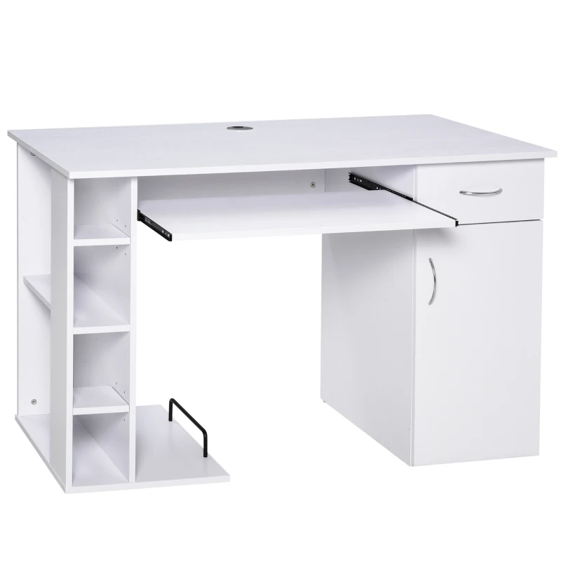 HOMCOM Scrivania per PC Ergonomica con Mensole, Armadietto, Cassetto e Piano Tastiera Estraibile, Bianca, 120x60x74cm