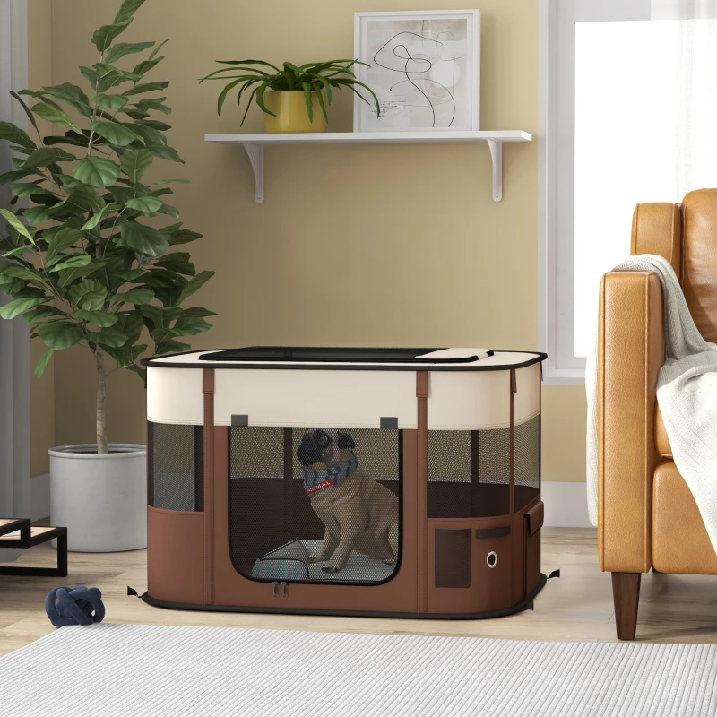 PawHut Foldable Dog Pen with Storage Bag for Indoor/Outdoor Use, Portable Pet playpen, with Ground Stakes - Brown