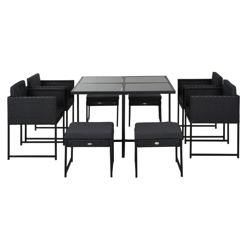 Outsunny 9 PCs Rattan Dining Cube Set Outdoor Patio Furniture PE Rattan Wicker Dining Set w/ 4 Armchair,4 Foot Stool,Grey Cushion