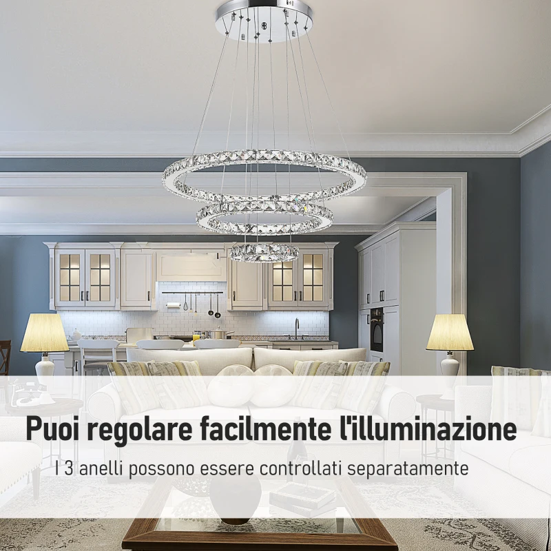 HOMCOM Lampadario a Sospensione con 3 Anelli Regolabili, Luci a LED e Cristalli, Ø60 x 110cm