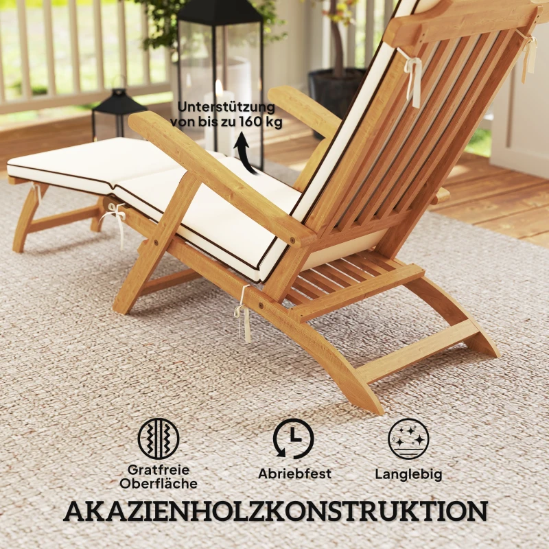 Outsunny Opvouwbare Houten Zonnebed Tuinligstoel met Voetensteun, Matras, tot 160 kg Belastbaar Teak