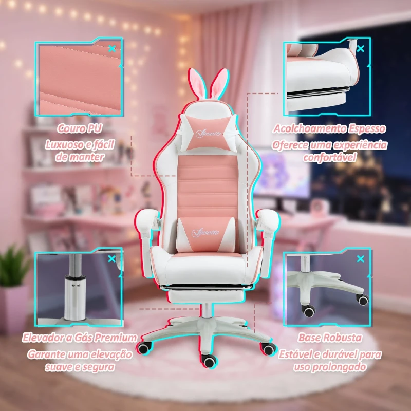 Vinsetto Cadeira Gaming Giratória de Couro PU com Altura Ajustável Inclinável 135° Apoio para a Cabeça 65x63x136-142 cm Rosa e Preto