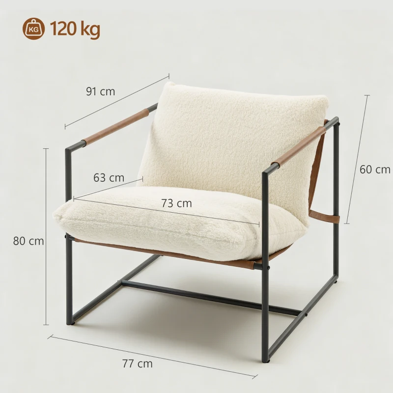 HOMCOM Fauteuil salon, fauteuil d'appoint rembourré en tissu bouclette, large assise et structure en acier, 77x91x80cm, crème