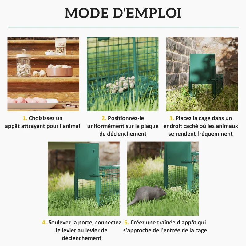Outsunny Cage attrape animaux nuisibles 1 entrée dim. 60 x 18 x 20 cm vert foncé