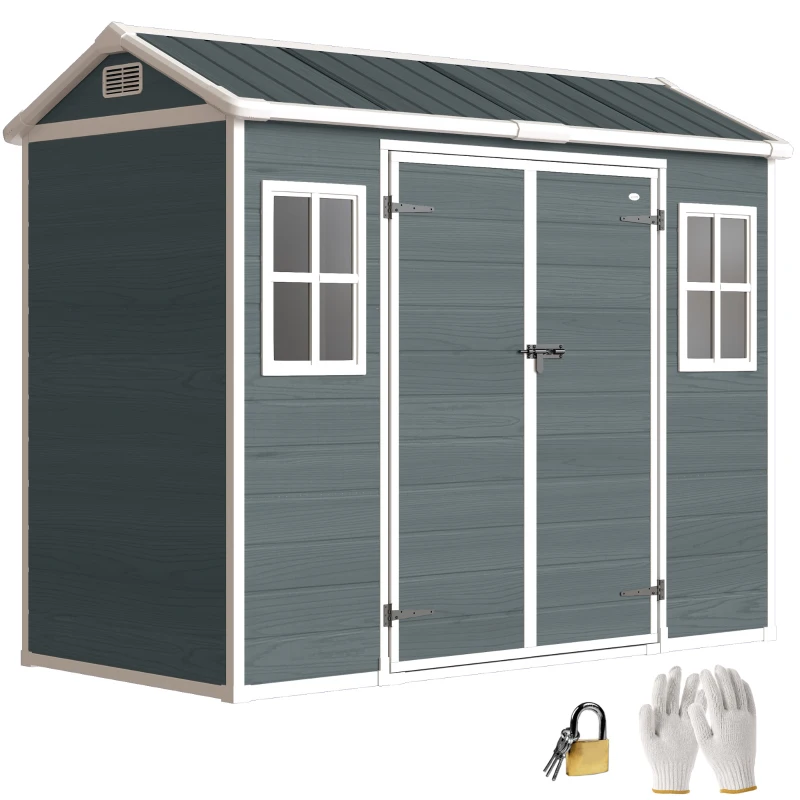 Outsunny Tuinschuur 2,77 m², Opbergschuur met Houtlook 2 Ramen Dubbele Deur Ventilatie Vloer Slot Handschoenen