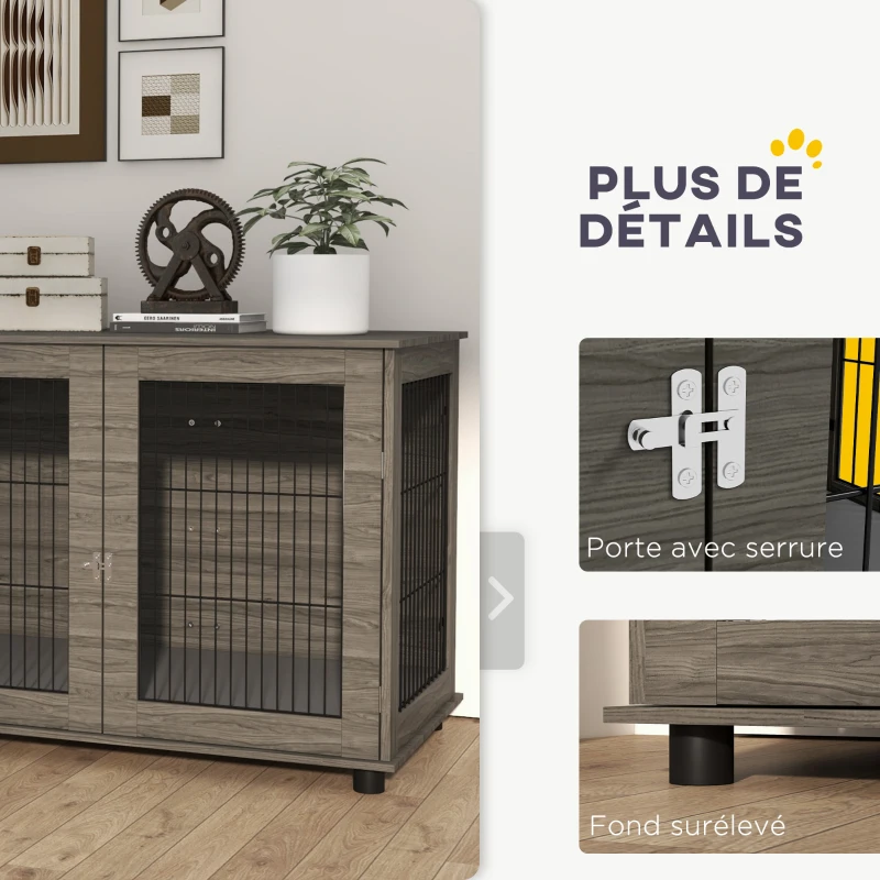 PawHut Cage pour chien 2 en 1 table d'appoint avec coussin en peluche déhoussable porte verrouillable 100 x 60 x 73,5 cm gris