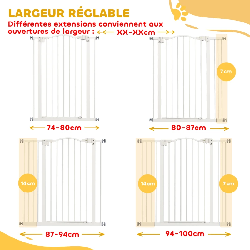 PawHut Barrière de sécurité pour chien extensible 74-100 cm fermeture automatique fixation par pression sans percer blanc