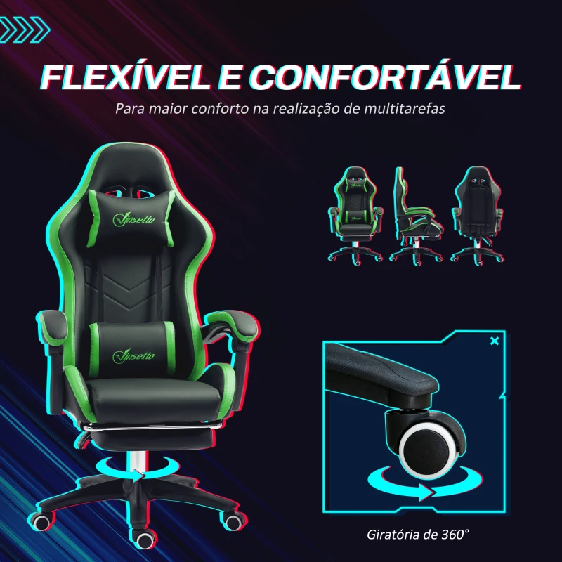 Vinsetto Cadeira Gaming Reclinável até 135° com Suporte Lombar Altura Ajustável Almofada de Cabeça e Apoio para os Pés Retrátil 65x65x121-129 cm Preto e Verde