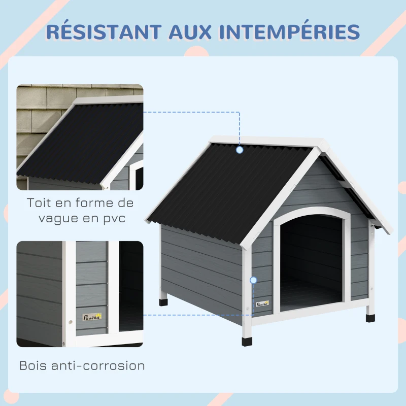 PawHut Niche pour chien extérieure en bois avec plancher amovible abri surélevé en bois pour chiens 84 x 99 x 87 cm gris