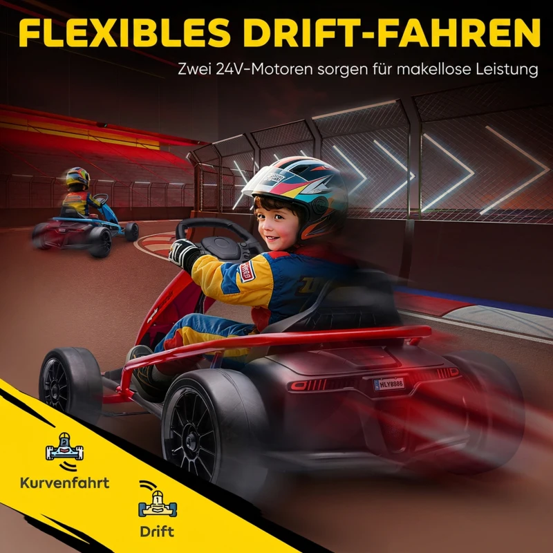 HOMCOM 24V elektrische go-kart voor kinderen, tot 13 km/u, met driftfunctie, 2 motoren, rood, 8-12 jaar