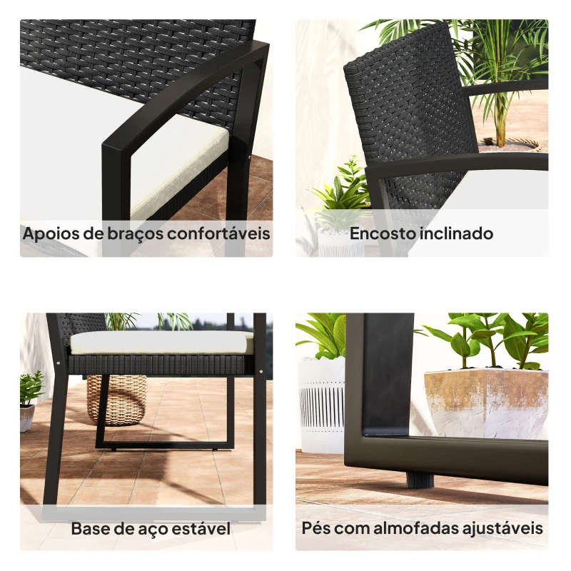 Outsunny Banco de Jardim em Vime Sintético de 2 Lugares Banco de Exterior com Almofada 103x58x78 cm Preto e Bege