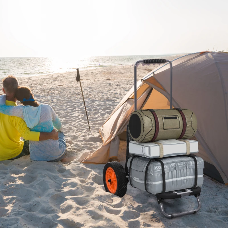 SPORTNOW Carrello da Spiaggia Pieghevole con Tasca in Rete, Manico Telescopico e Cavalletto, 82x67x81 cm
