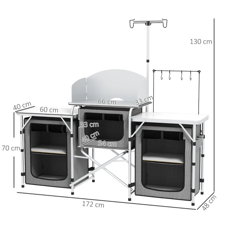 Outsunny Armário de Cozinha para Camping Dobrável com 3 Bancadas, 4 Ganchos, Poste de Luz e Bolsa de Transporte, 172x48x130 cm, Cinzento