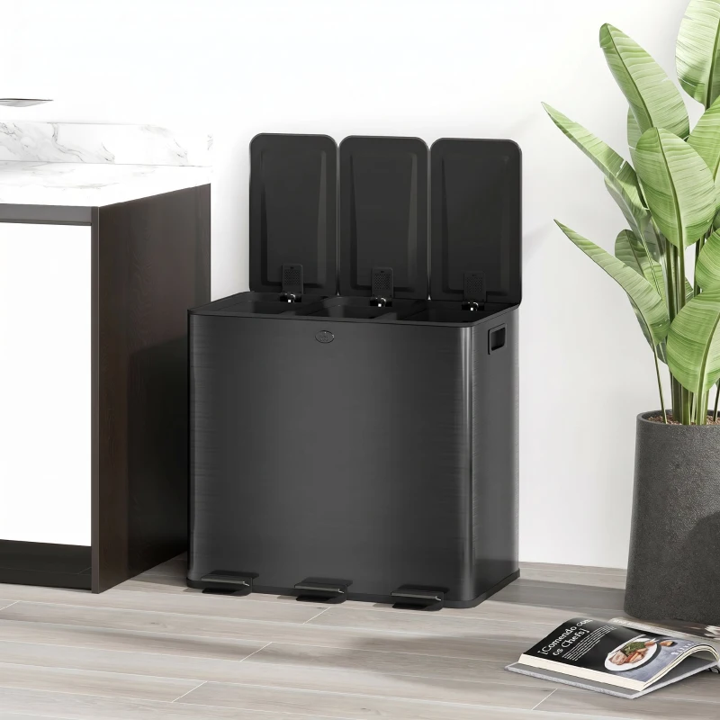 HOMCOM Papelera de Cozinha em Aço Inoxidável com 3 Compartimentos 3x15L com Pedais, Tampas de Fecho Suave e Balde Removível Preto