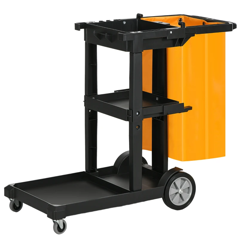 HOMCOM Carro de Limpeza com Bolsa Carrinho de Limpeza com Rodas e 3 Prateleiras 121x50,5x96,5 cm Preto e Amarelo