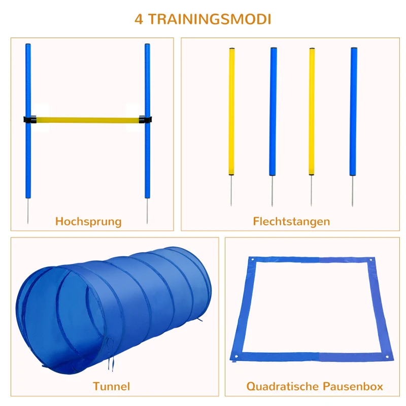 PawHut Honden behendigheidsset training slalom tunnel horde incl. draagtas oefening blauw / geel